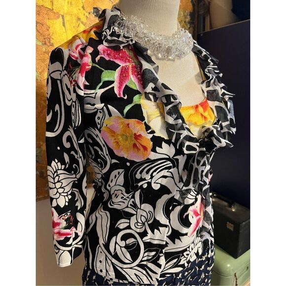 Vintage 80s Alberto Makali Women’s Medium Black Floral 2 Piece Outfit Set Blouse - Picture 2 of 12